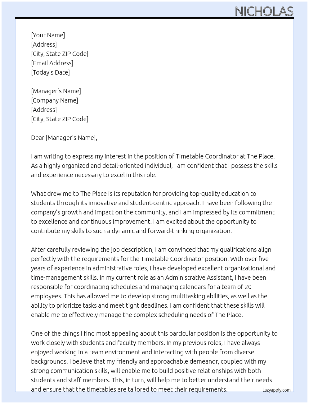 timetable coordinator At The Place Cover Letter