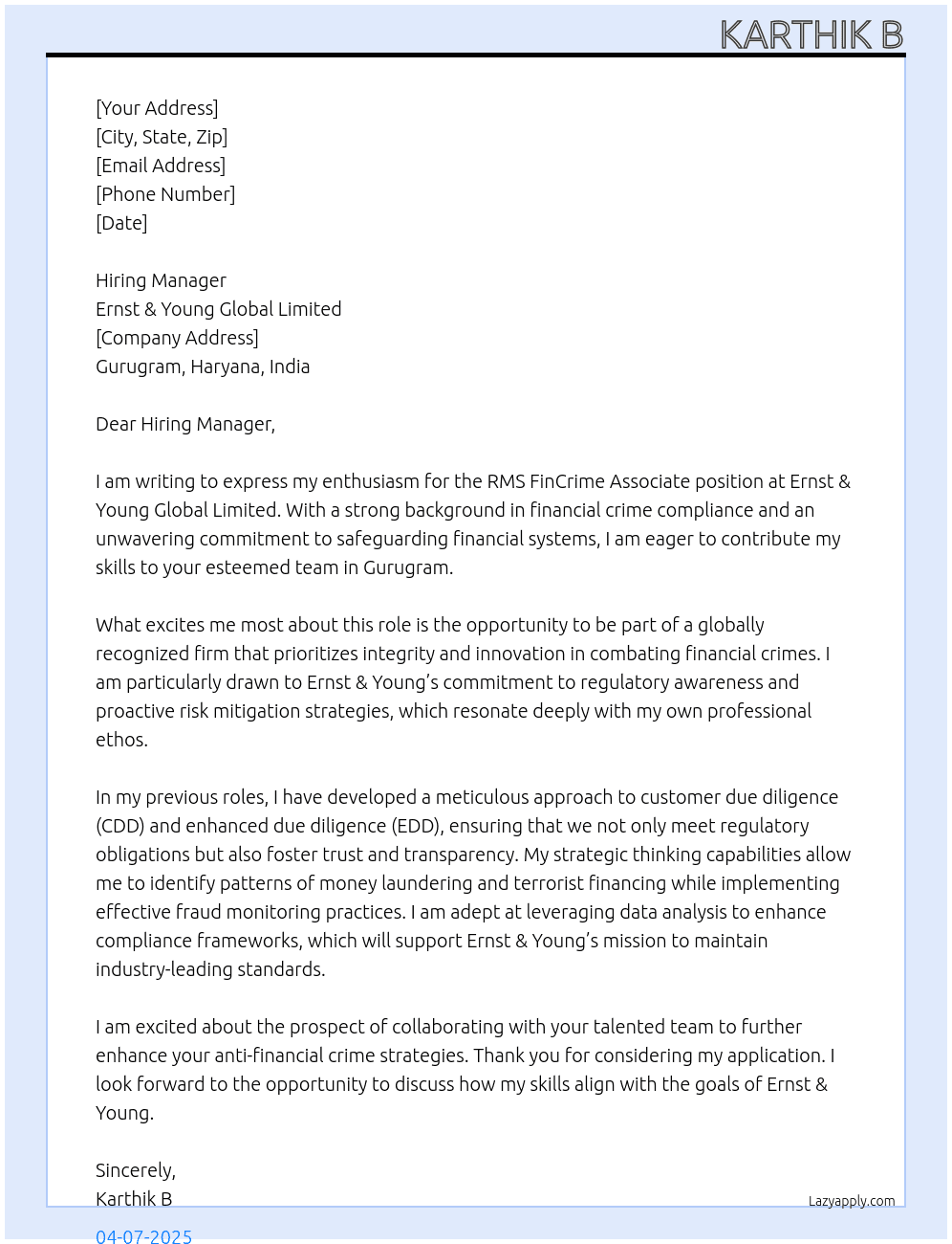 RMS FinCrime Associate  At Ernst & Young Global Limited Cover Letter