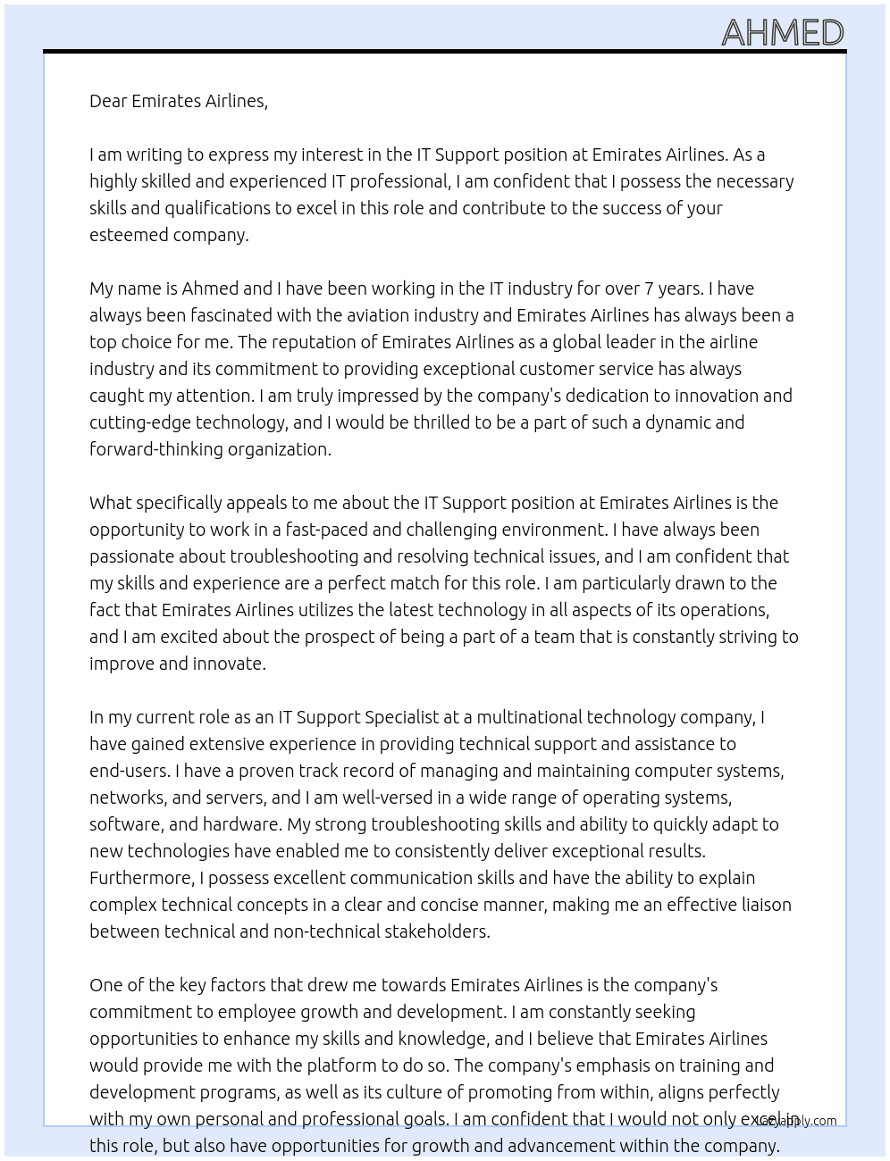 It support At Emirates Airlines Cover Letter