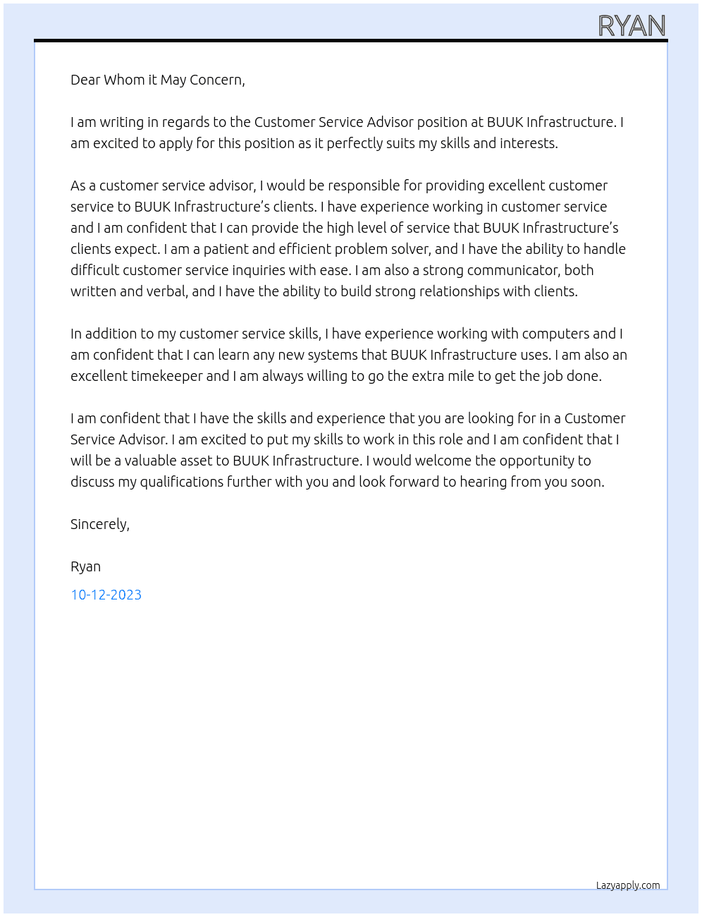 Customer Service Advisor At BUUK Infrastructure Cover Letter