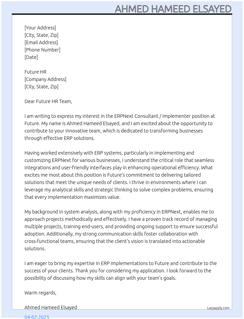 ERPNext Consultant / Implementer At future Cover Letter