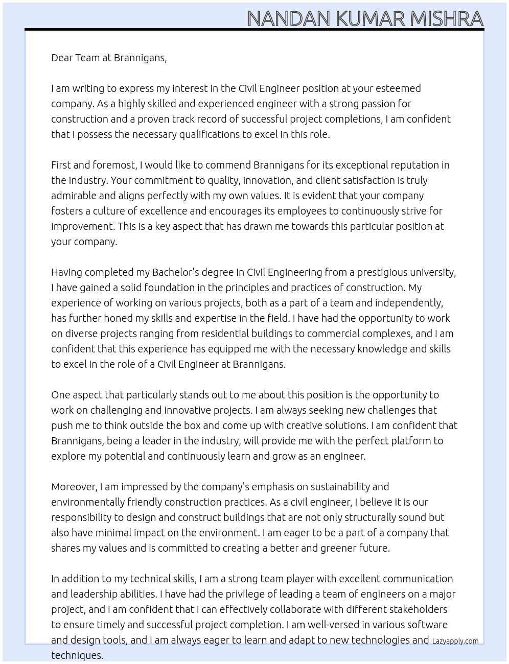 Civil Engineer At Brannigans Cover Letter