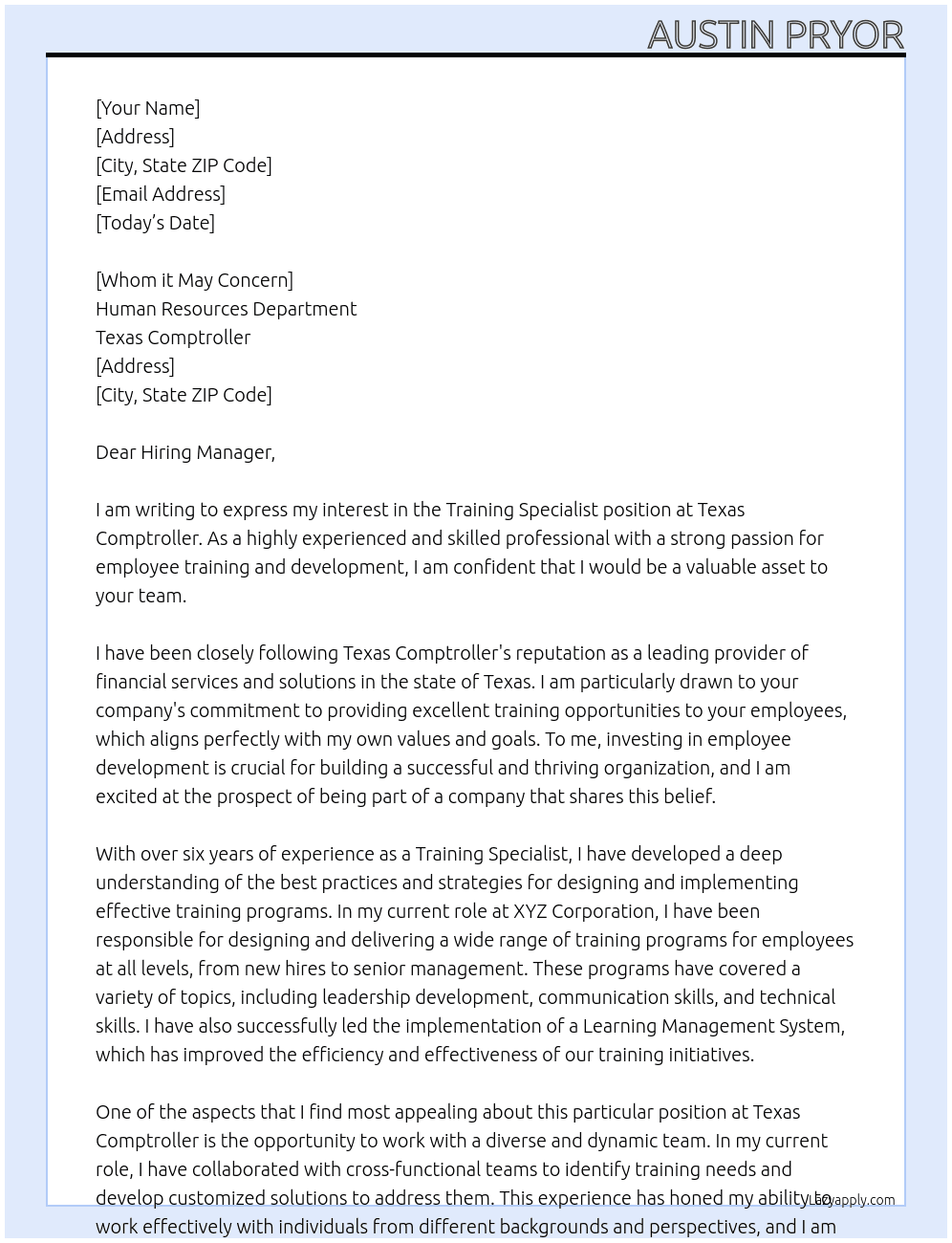 Training Specialist At Texas Comptroller Cover Letter