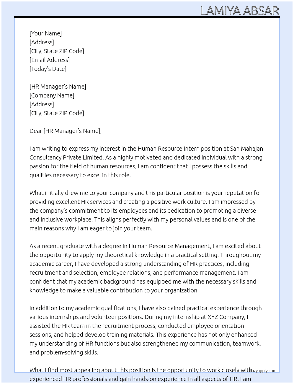 human resource intern At San Mahajan Consultancy Private Limited Cover Letter