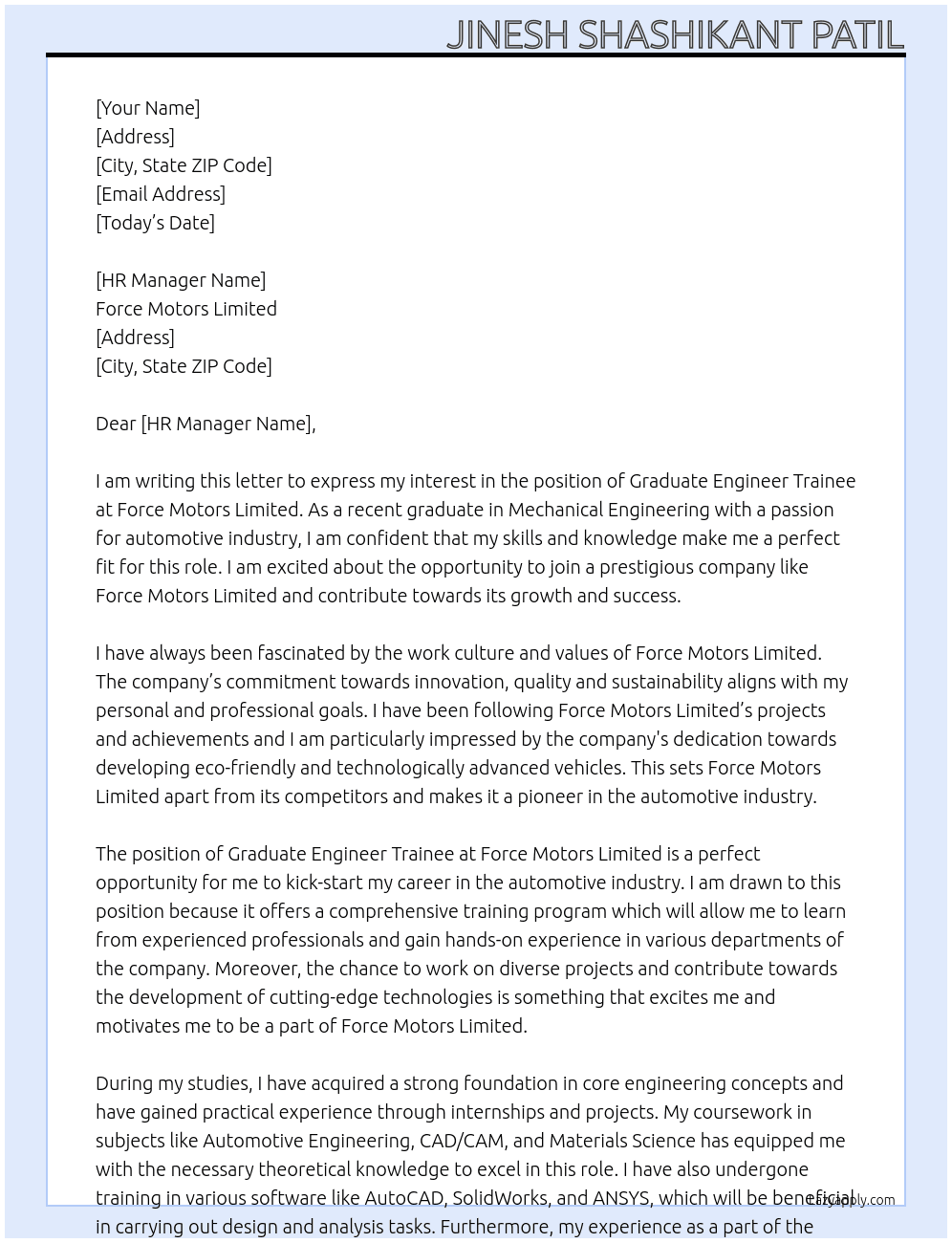 Graduate Engineer Trainee  At Force Motors Limited  Cover Letter