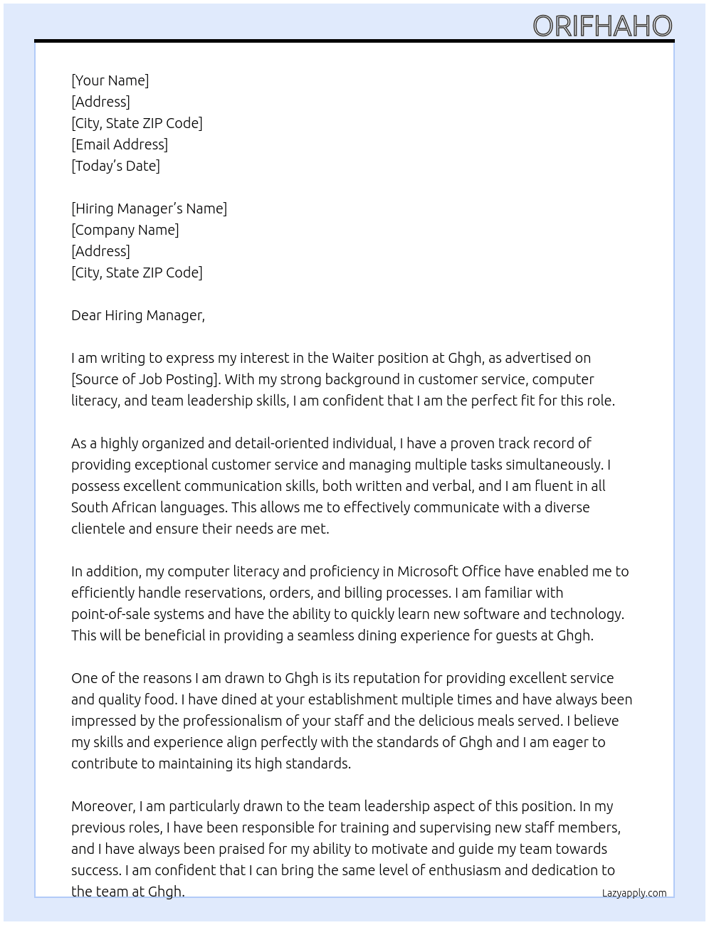 Waiter At Ghgh Cover Letter