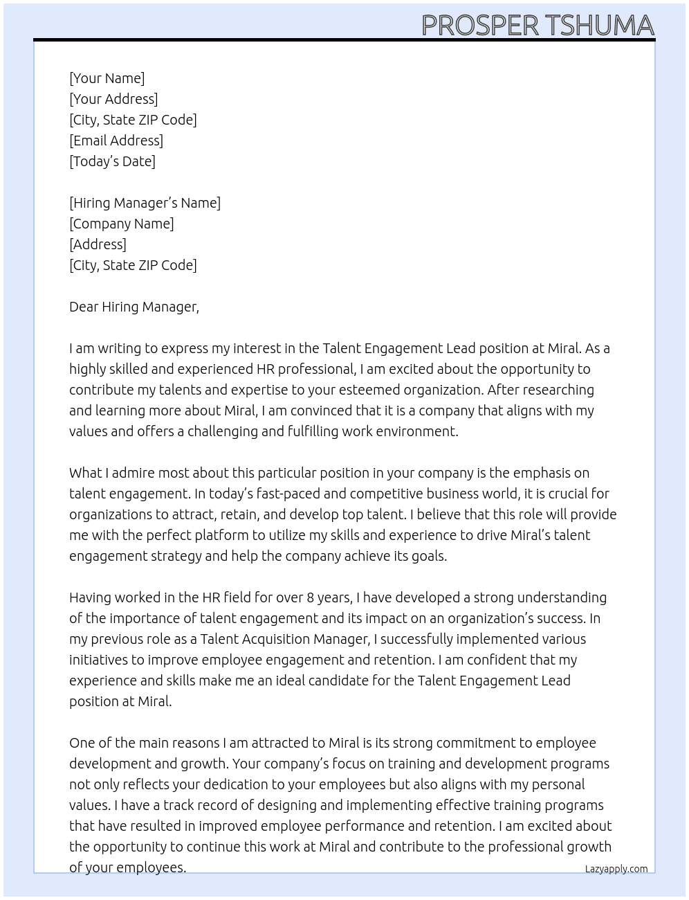 Talent Engagement Lead At Miral Cover Letter