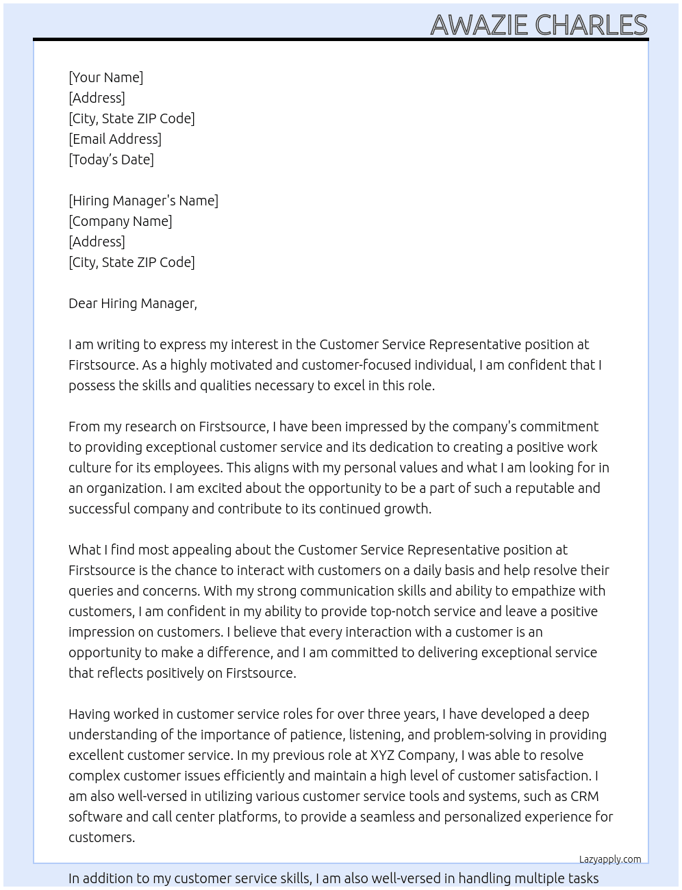 Customer Service Representative At Firstsource Cover Letter