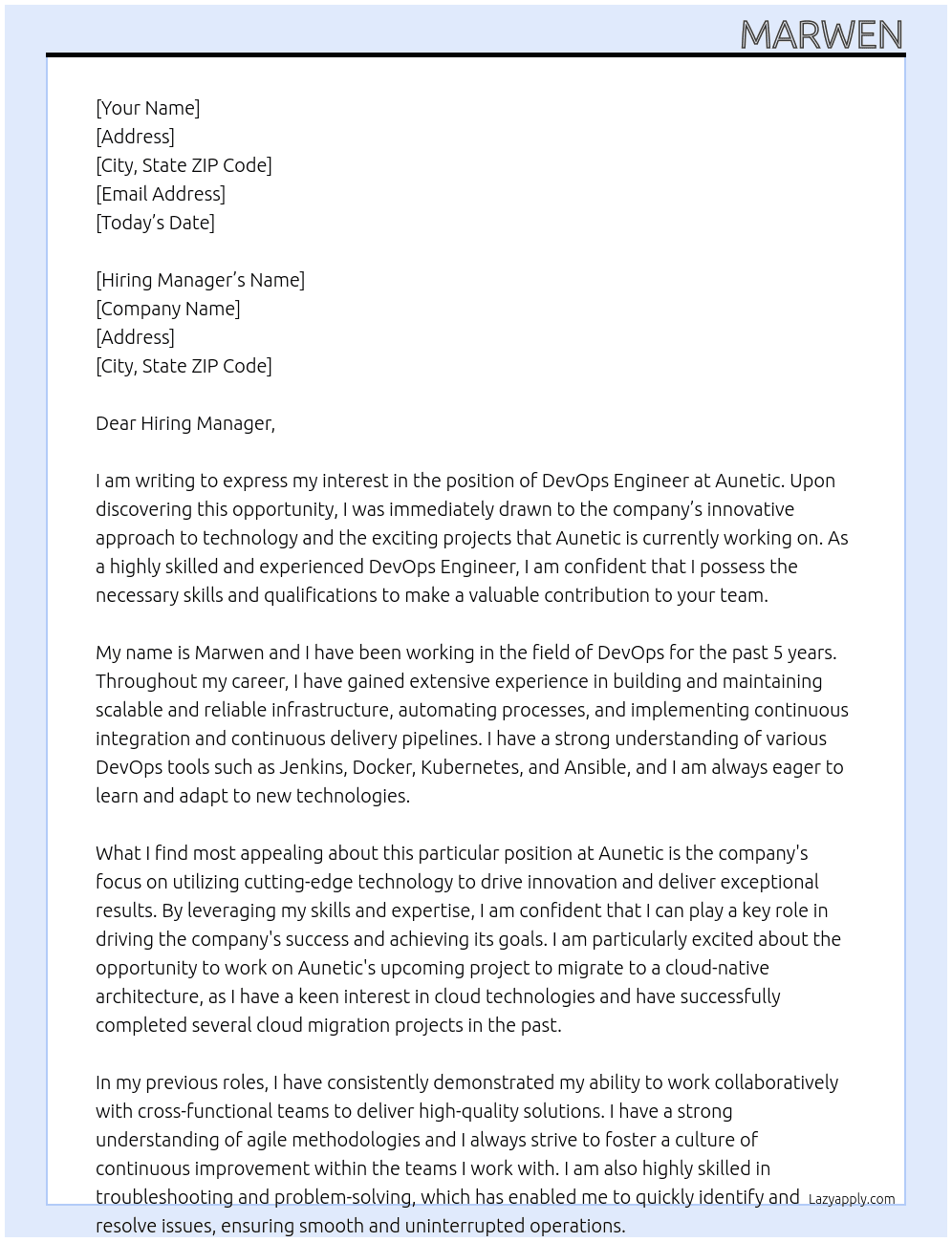 devops engineer At aunetic Cover Letter