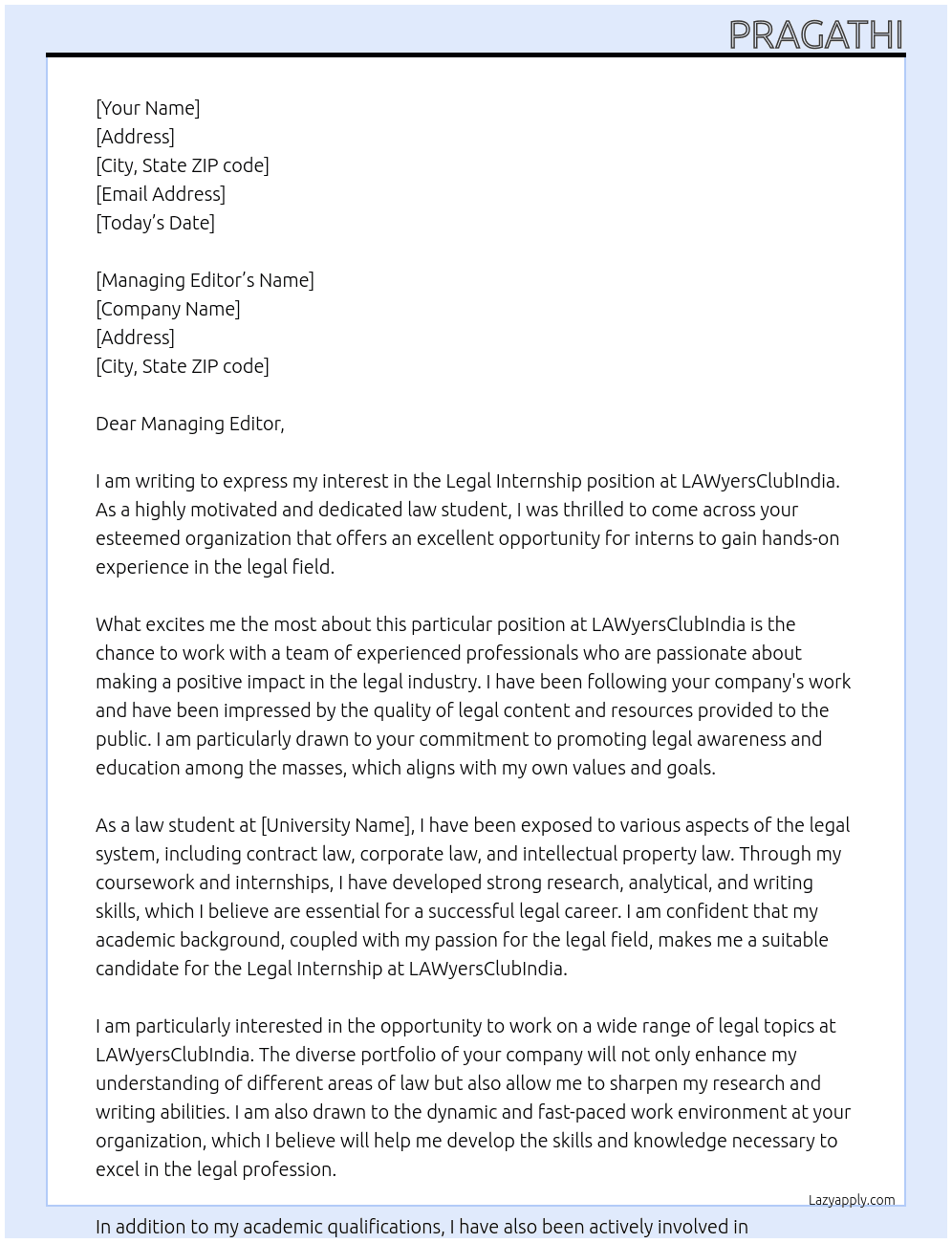 Legal Internship At LAWyersClubIndia Cover Letter
