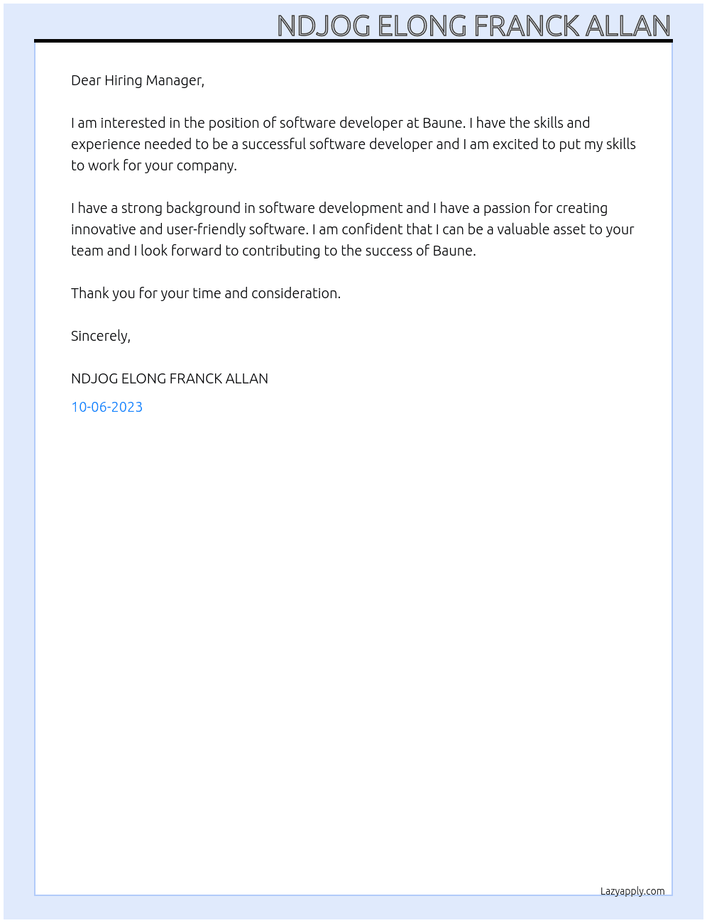 Software developer At Baune Cover Letter