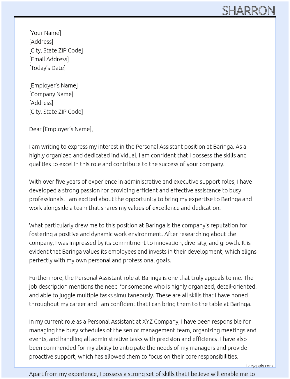 Personal assistant  At Baringa Cover Letter