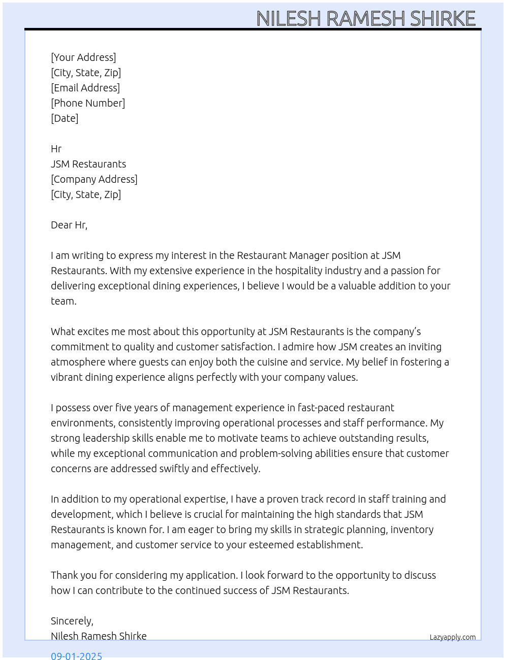 Restaurant Manager  At Jsm restaurants  Cover Letter