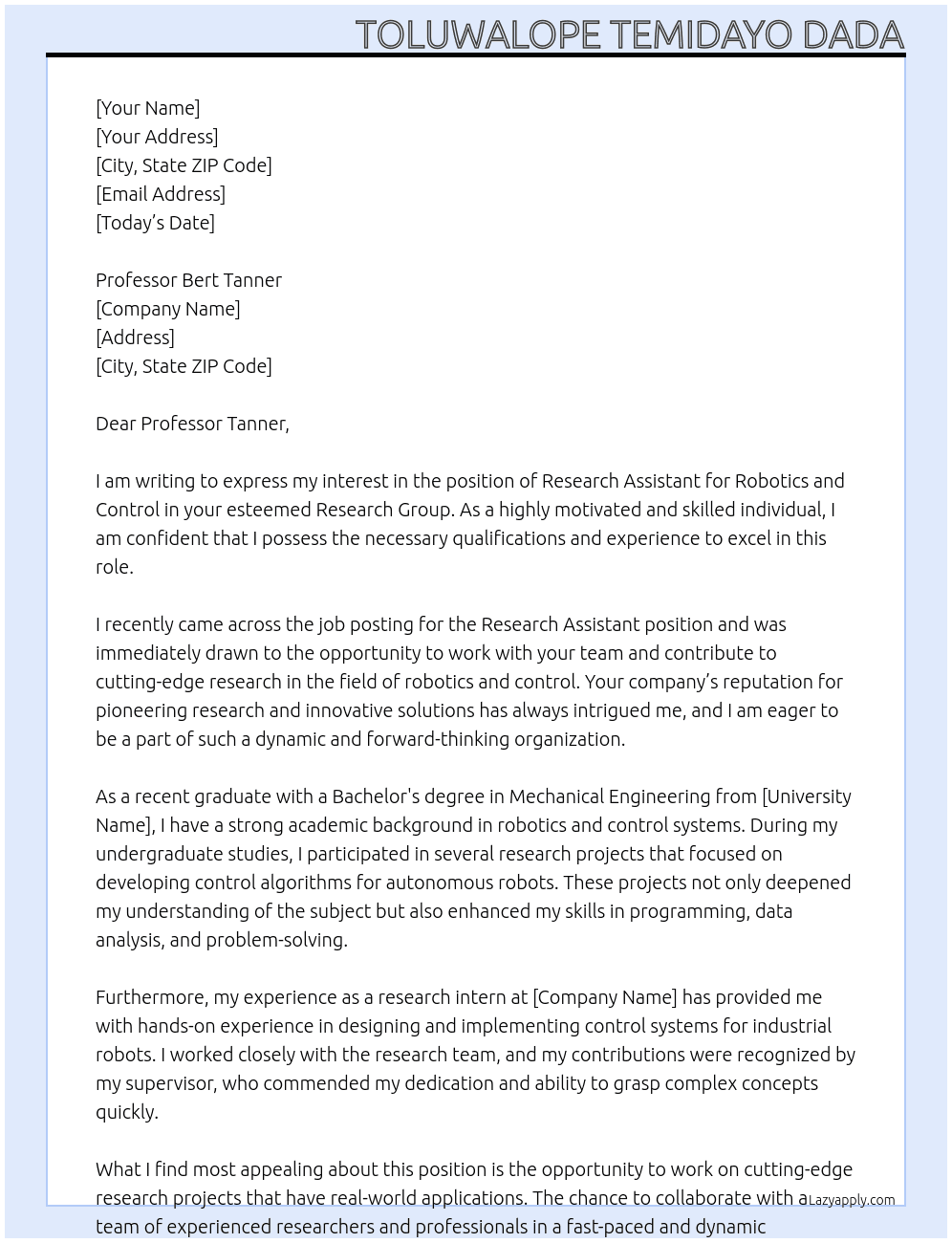 Research Assistant: Robotics and Control At Research Group Cover Letter