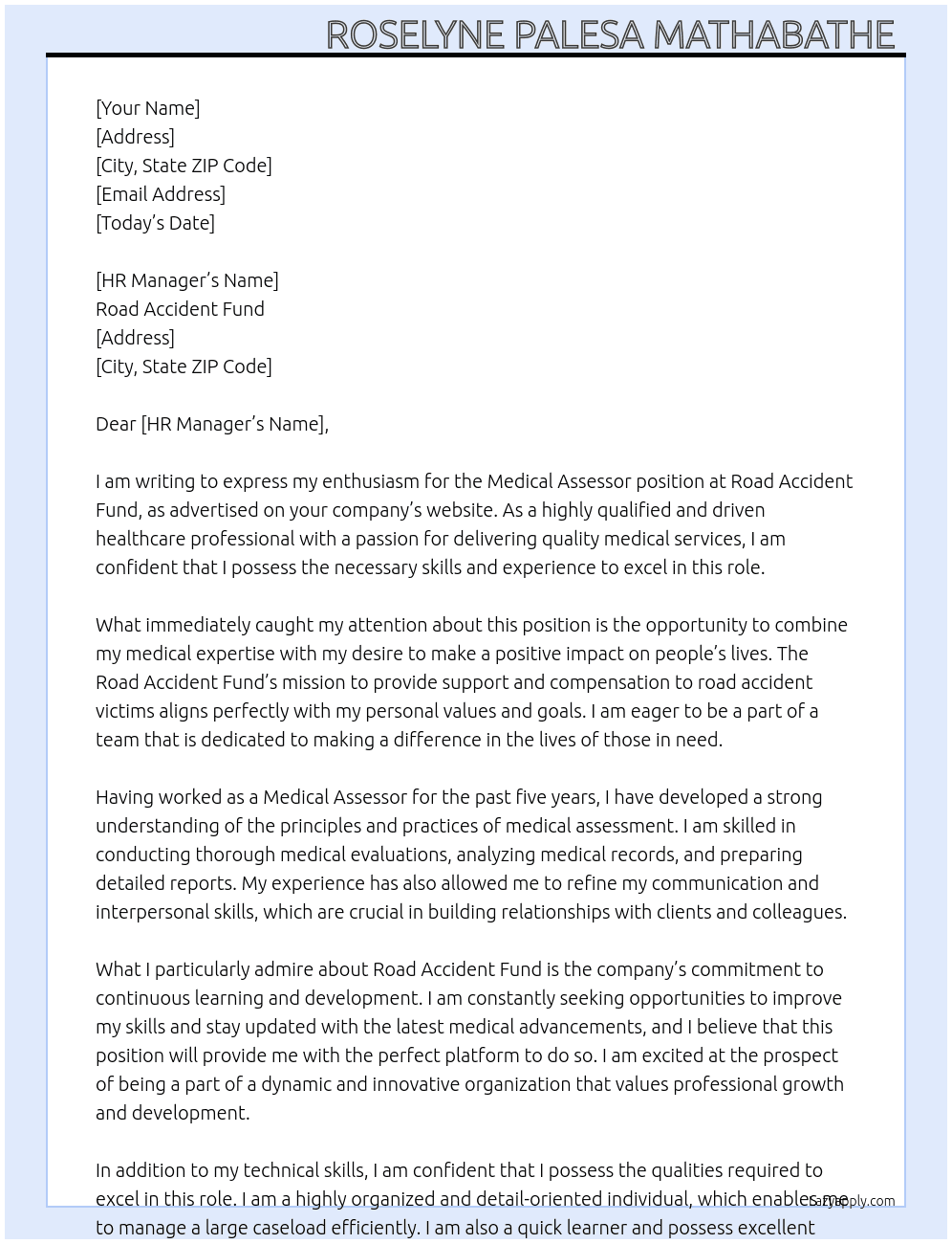 Cover letter for medical assessor - LazyApply
