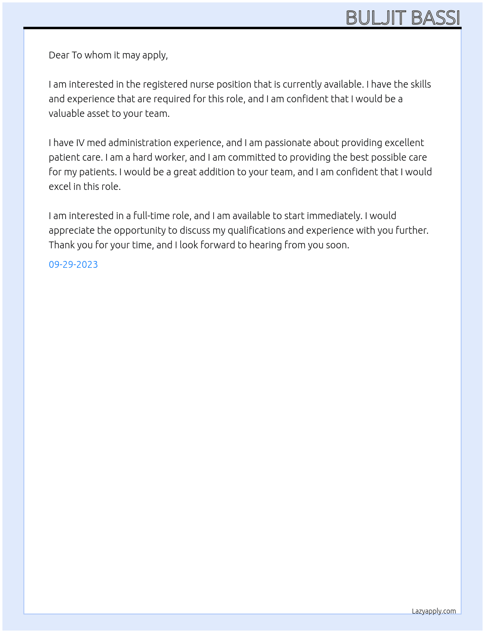 Registered Nurse At To whom it may apply Cover Letter