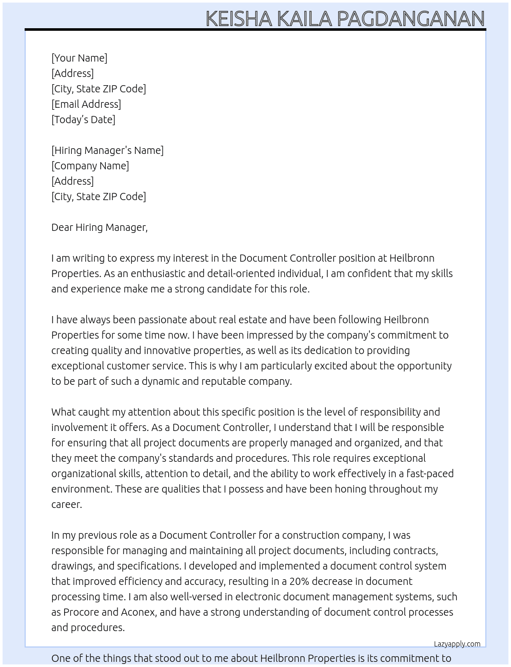 Document Controller At Heilbronn Properties Cover Letter