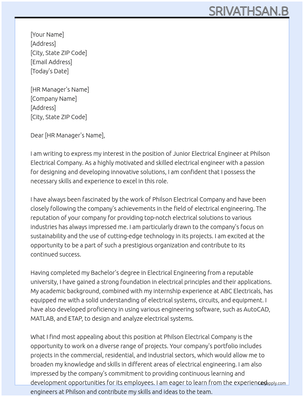 Junior electrical engineer  At Philson electrical company  Cover Letter