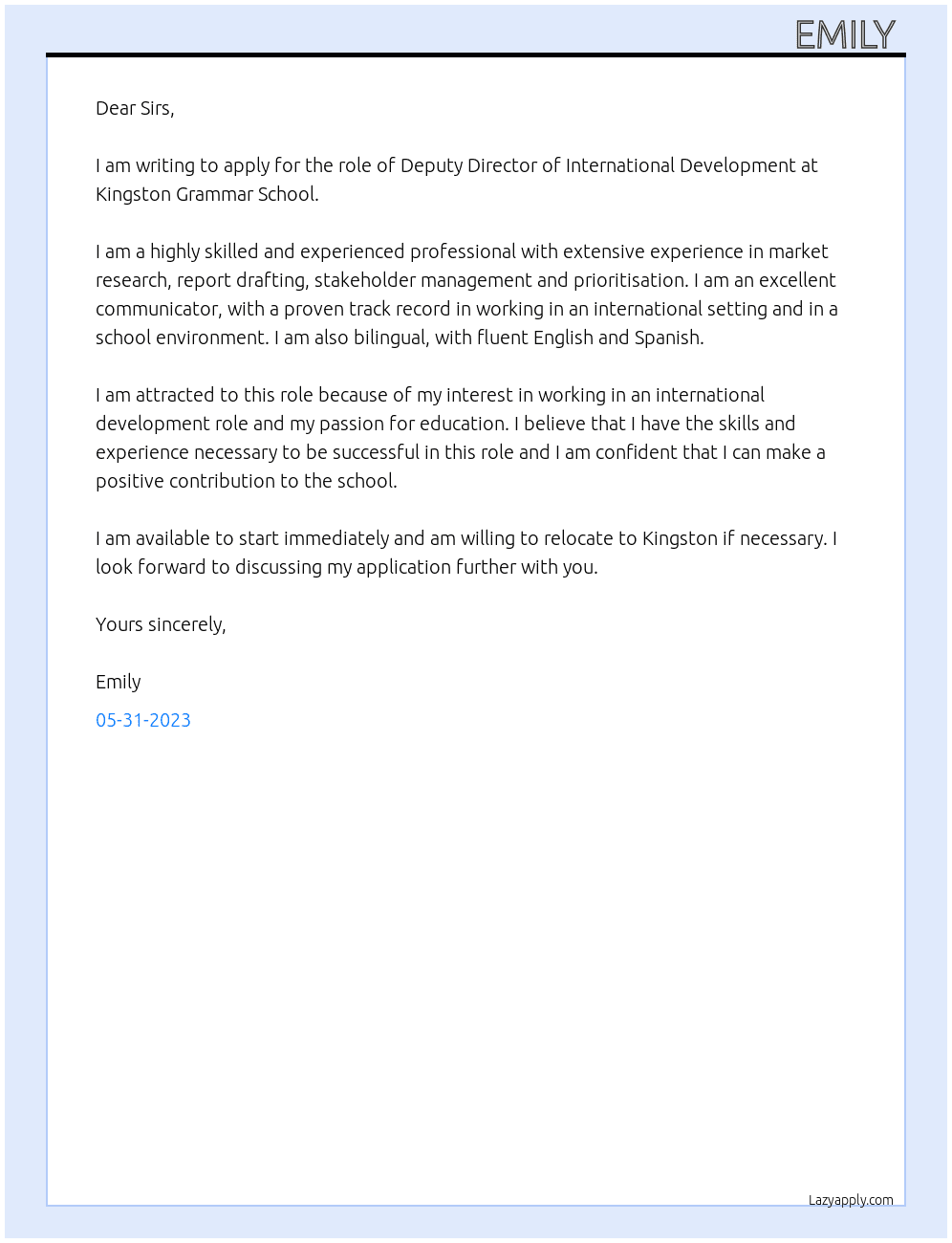 Deputy Director of International Development At Kingston Grammar School Cover Letter