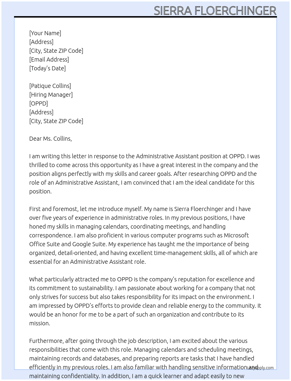 Administrative Assistant At OPPD Cover Letter