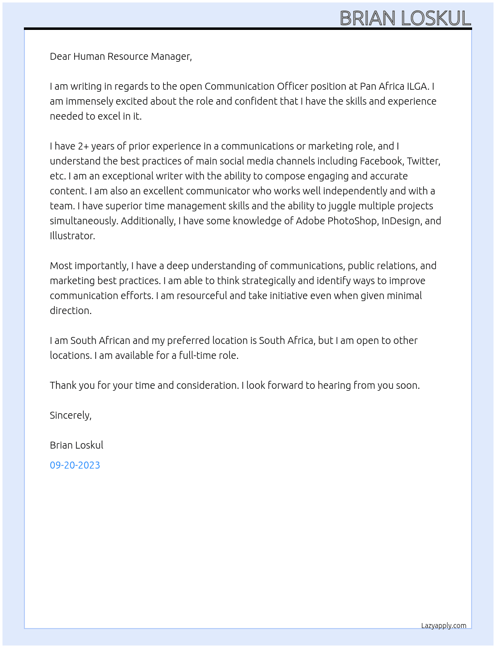 Communication officer  At Pan Africa ILGA Cover Letter