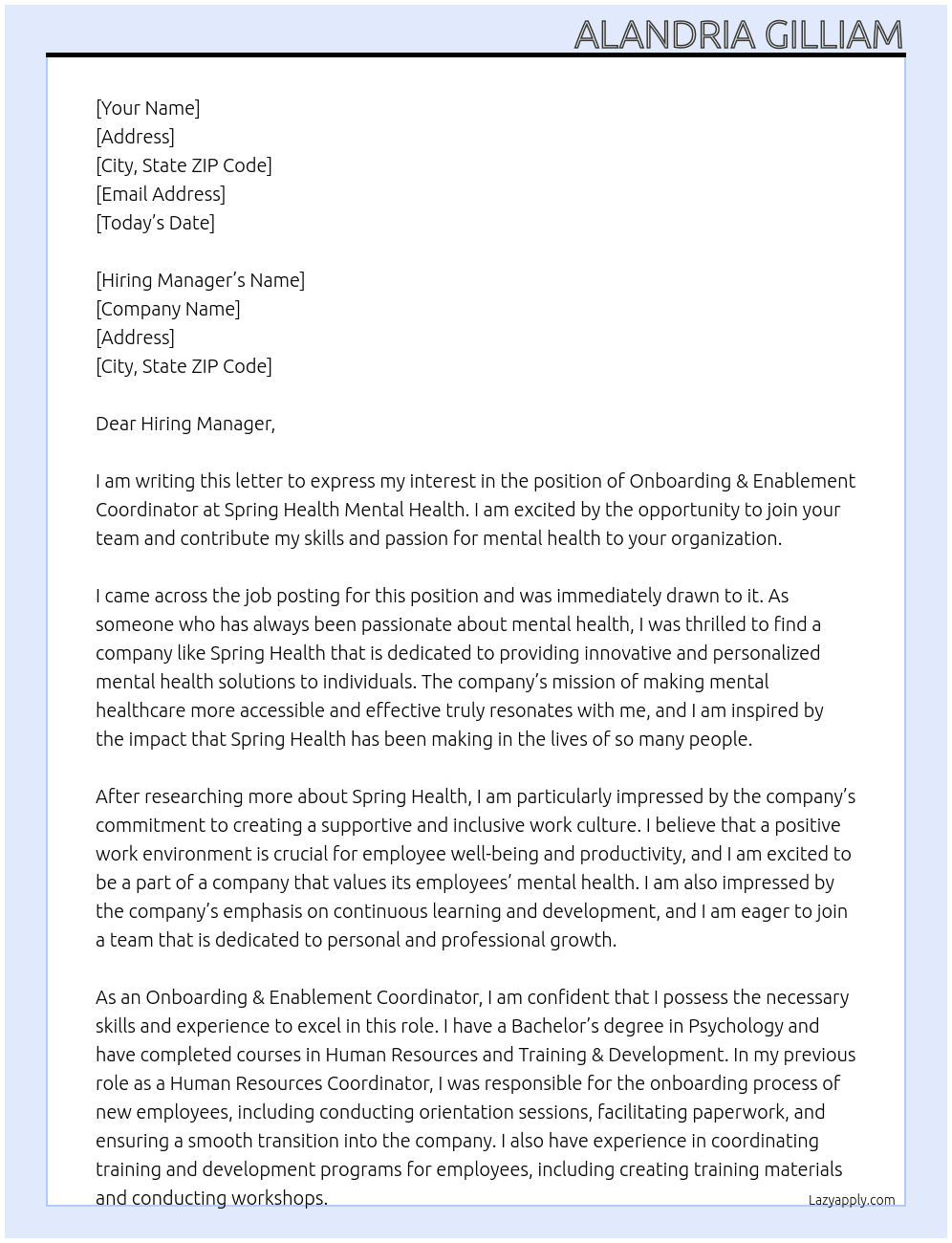 Onboarding & Enablement Coordinator At Spring Health Mental Health Cover Letter