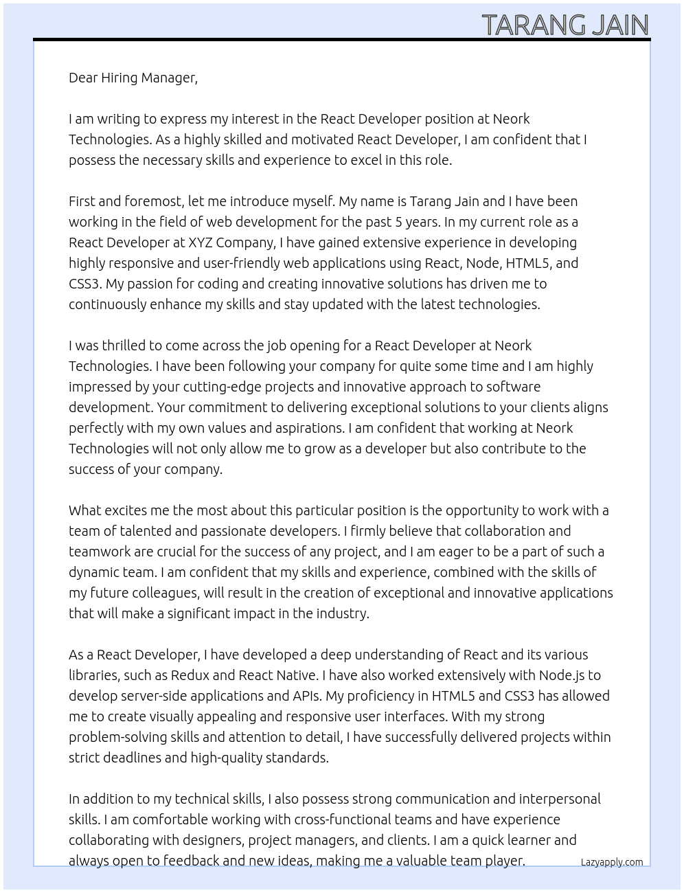 React developer  At Neork Technologies Cover Letter