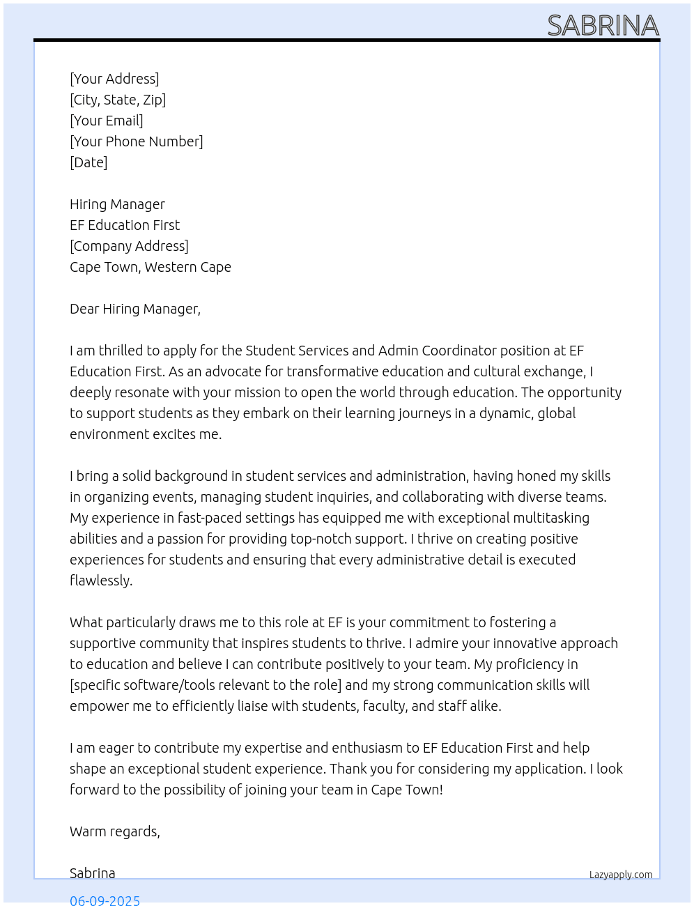 Student Services and Admin Coordinator At EF Education First Cover Letter