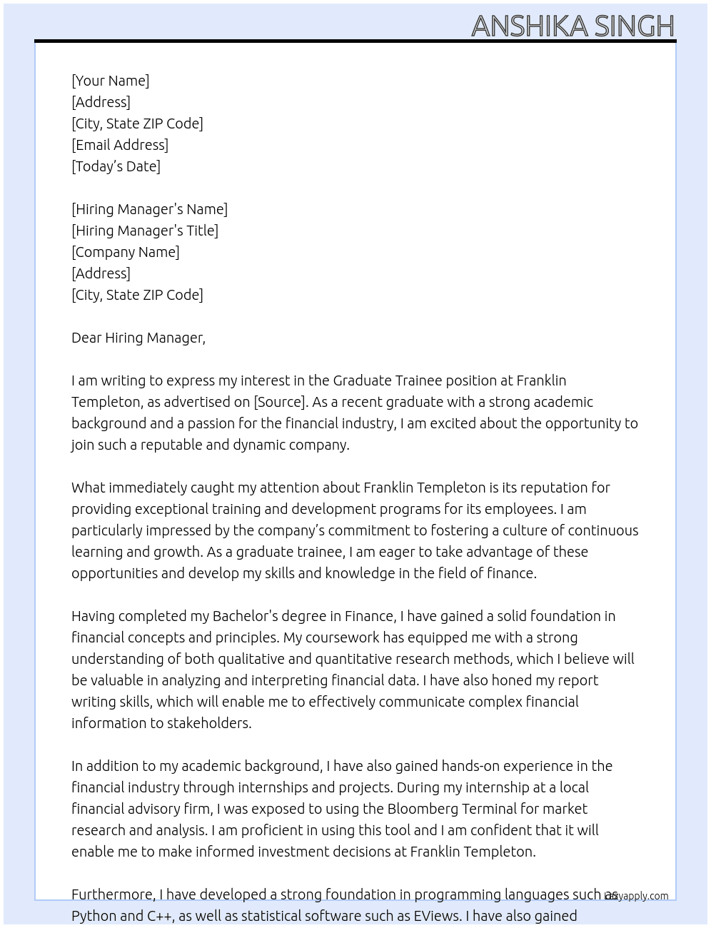Graduate Trainee At Franklin Templeton Cover Letter