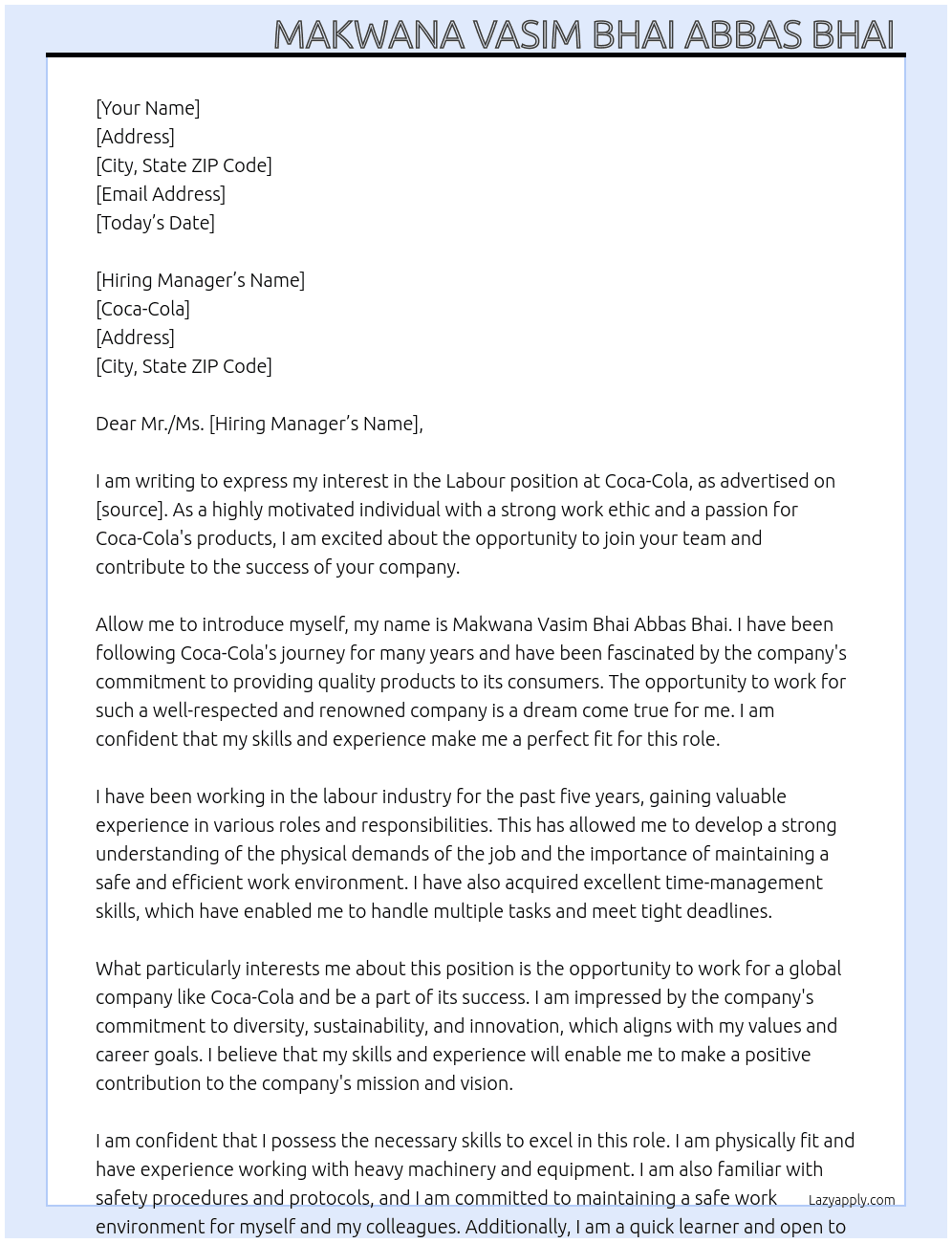 Labour  At Coca-Cola  Cover Letter