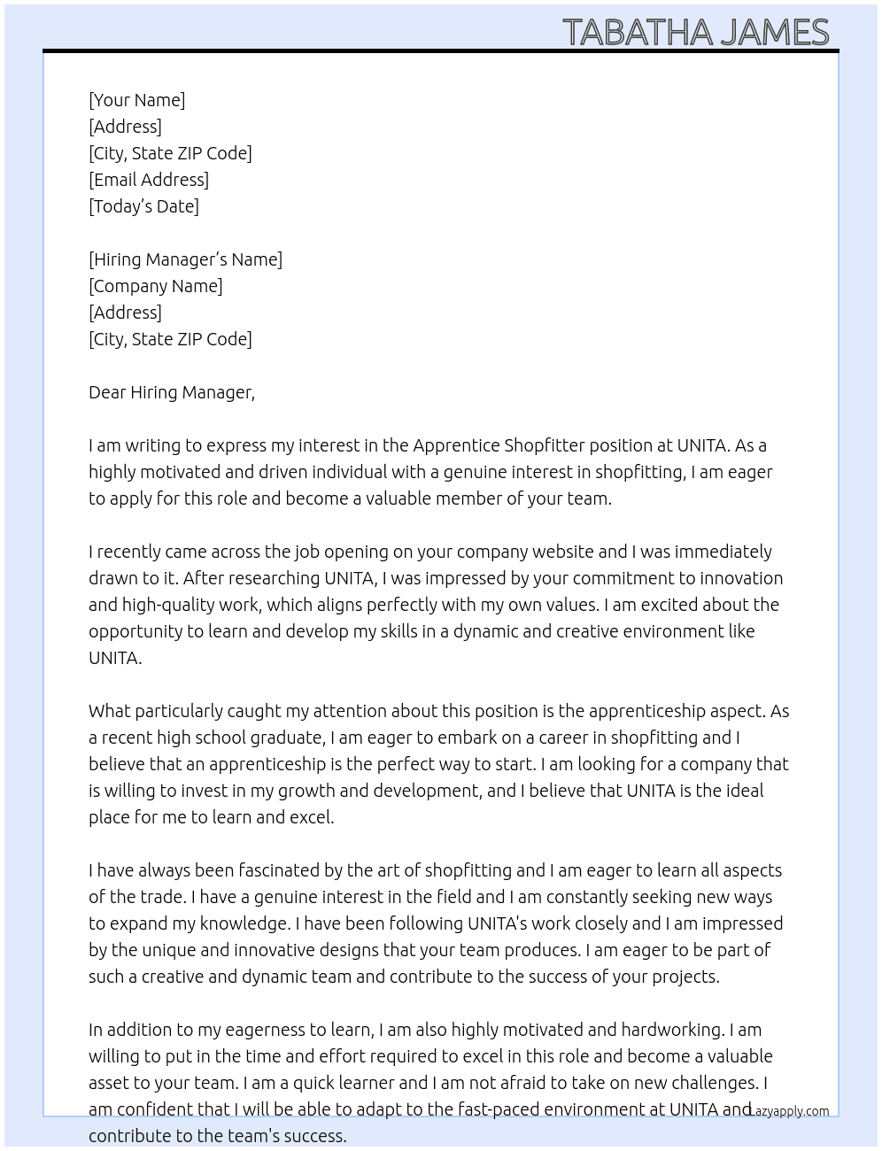 Apprentice Shopfitter At UNITA Cover Letter