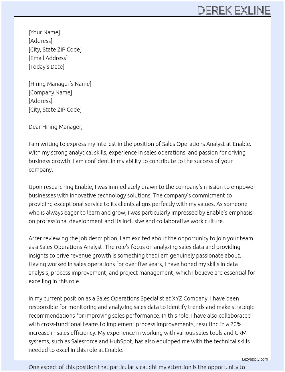 Sales Operations Analyst At Enable Cover Letter