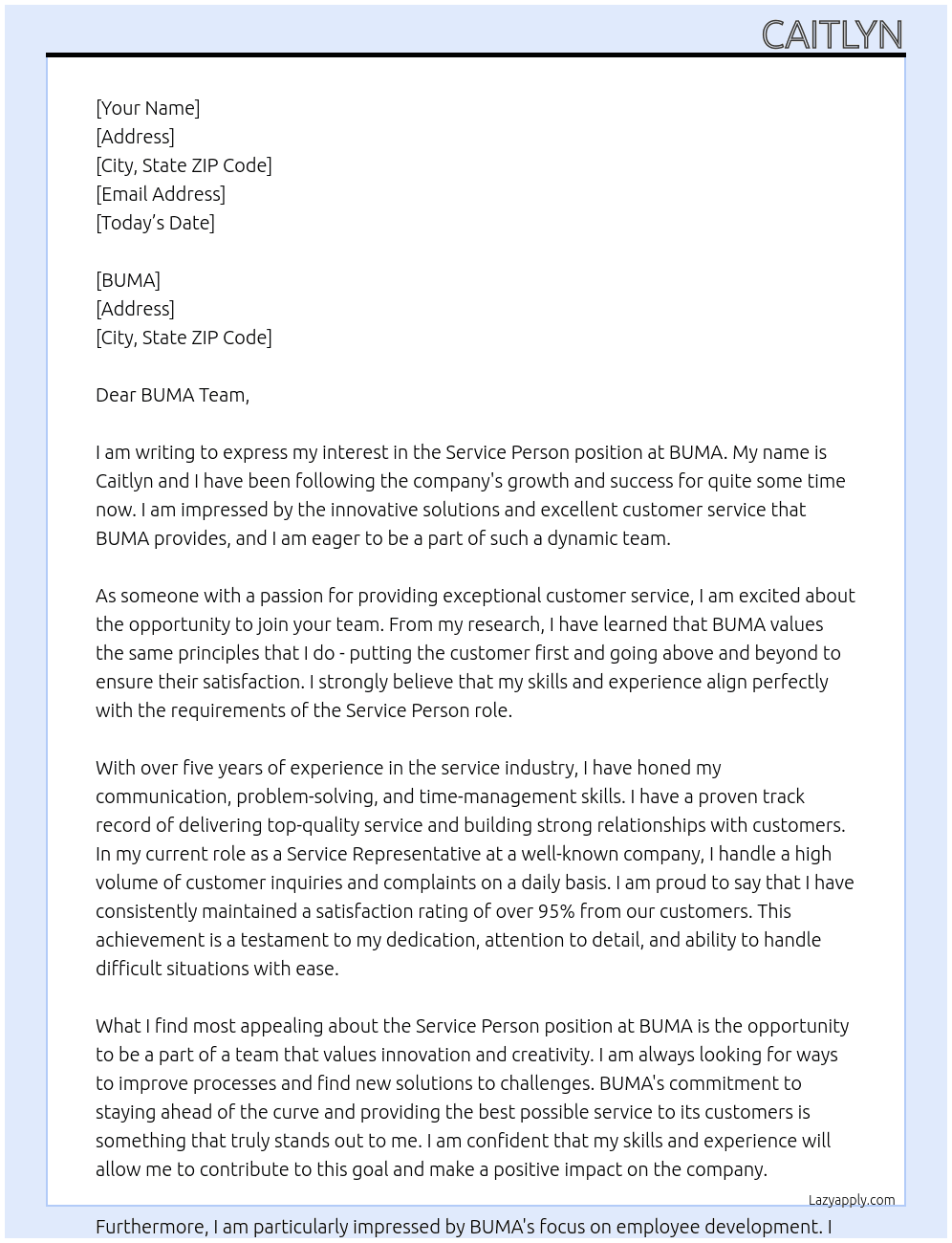 Service Person At BUMA Cover Letter