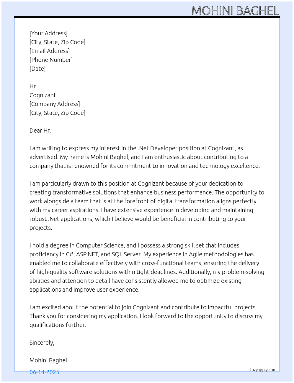 .Net Developer At Cognizant  Cover Letter