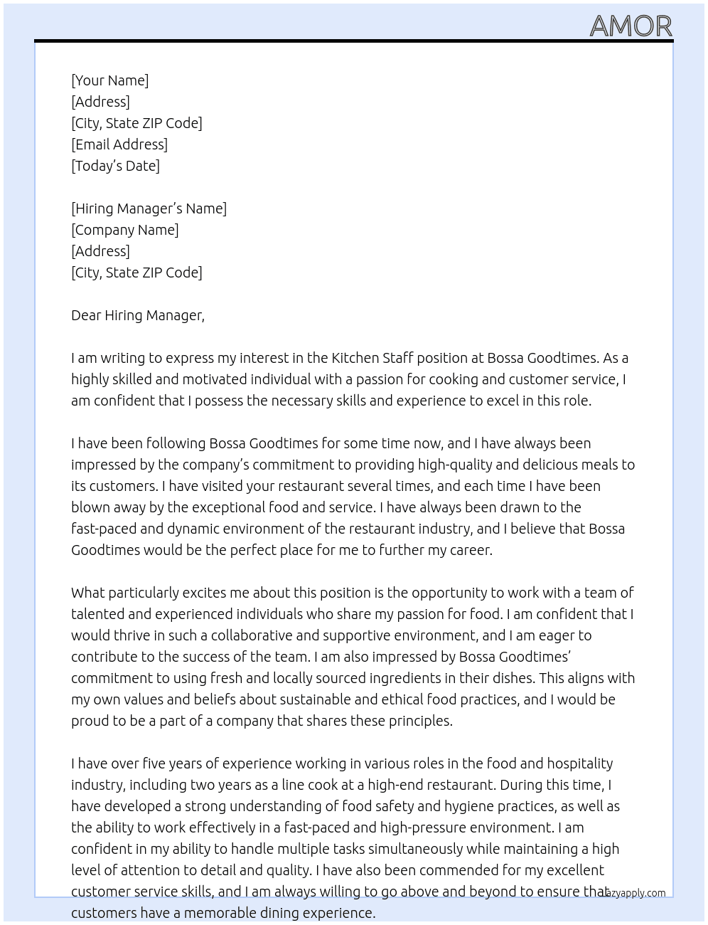 KICTHEN STAFF At BOSSA GOODTIMES Cover Letter