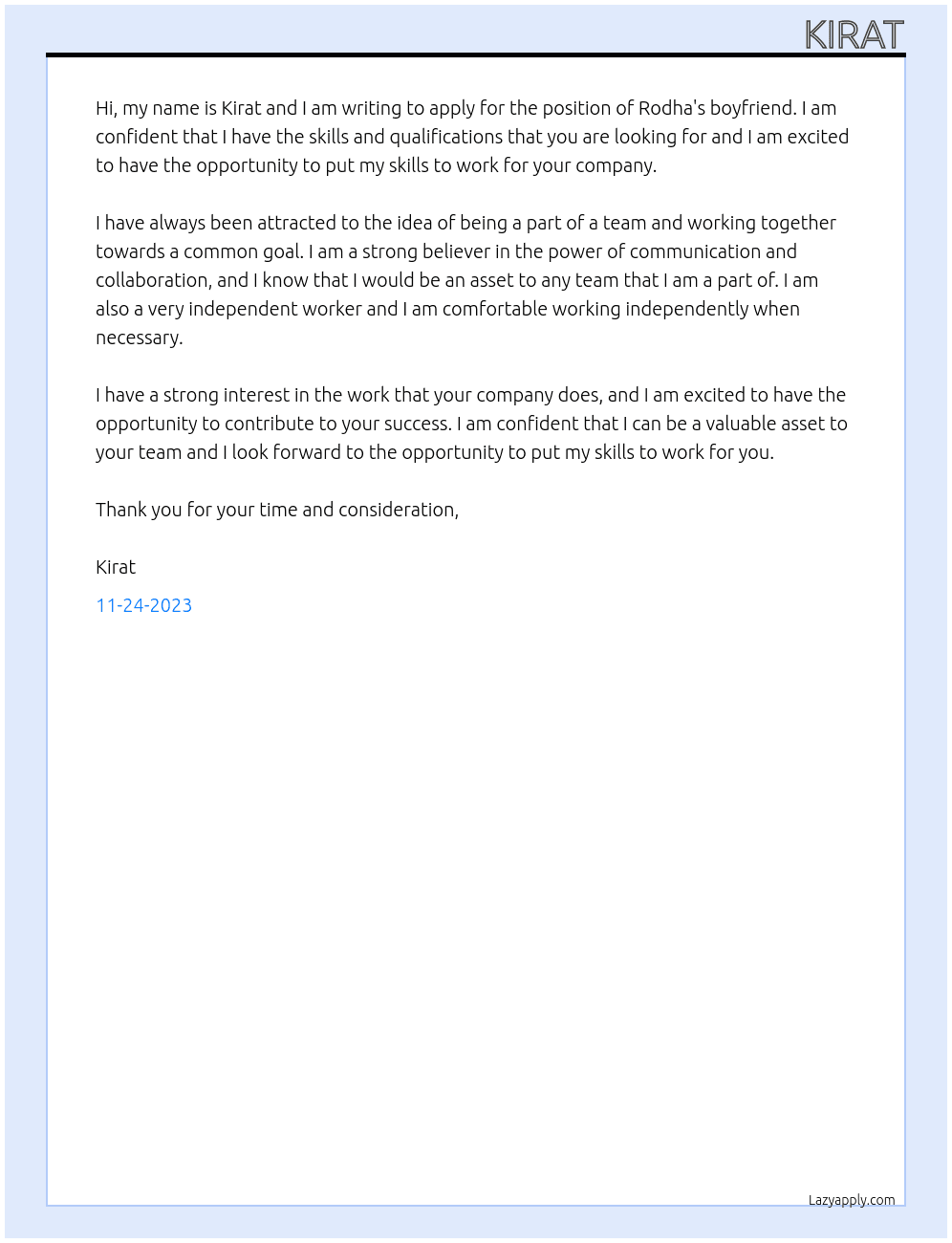 rodhas boyfriend At rodha Cover Letter