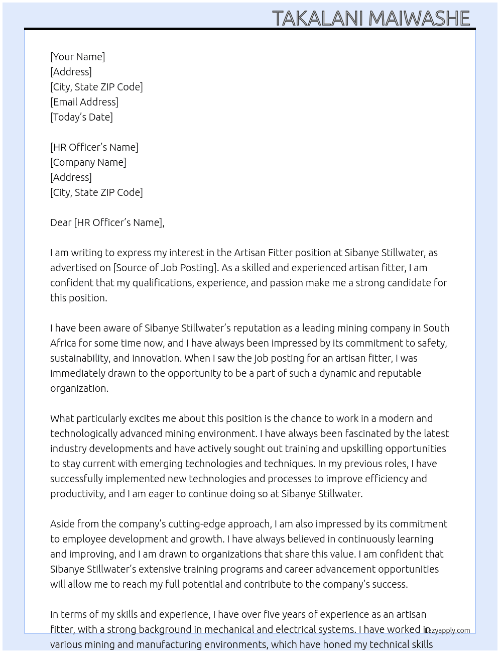 Artisan fitter At Sibanye stillwater Cover Letter