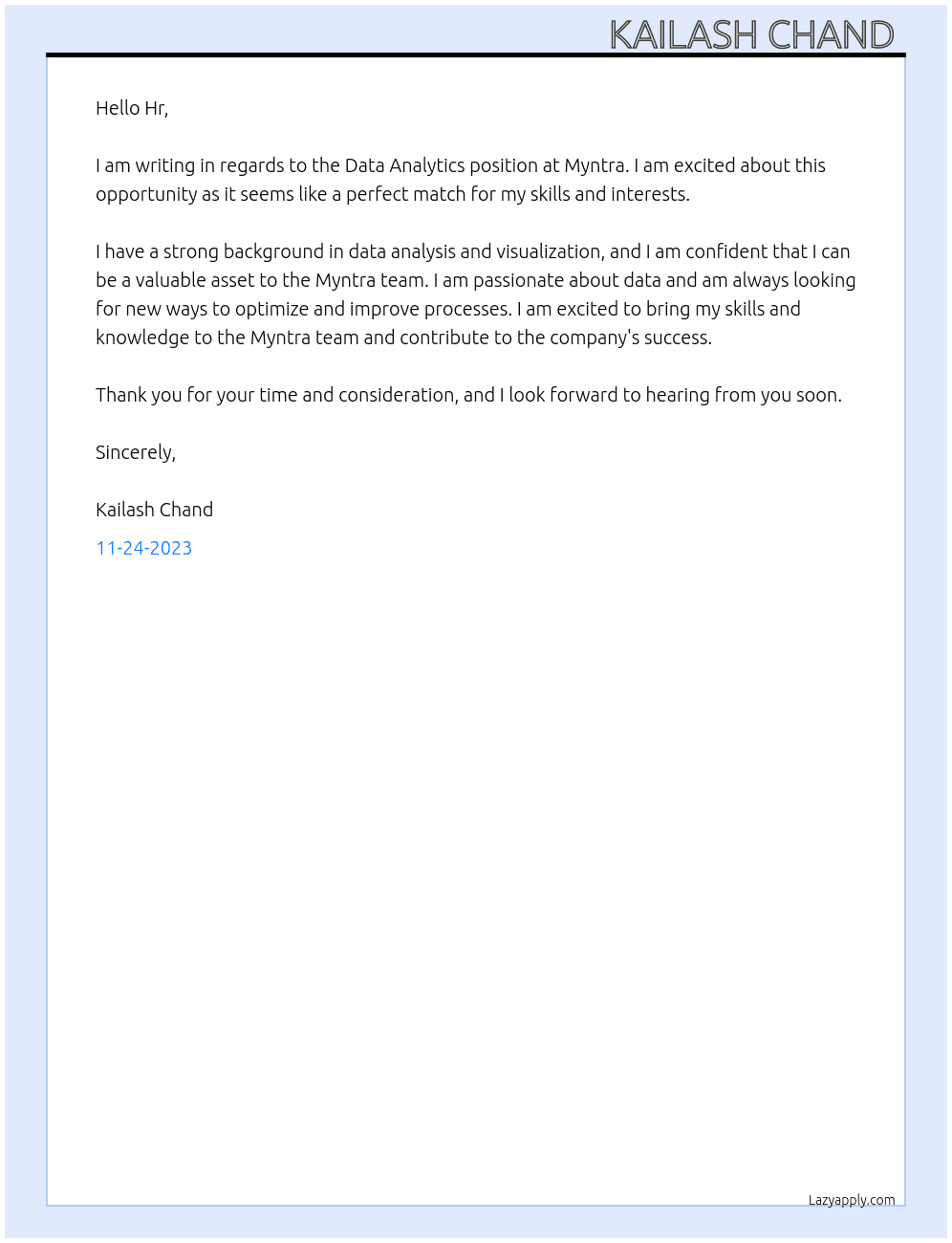 Data analytics  At Myntra Cover Letter