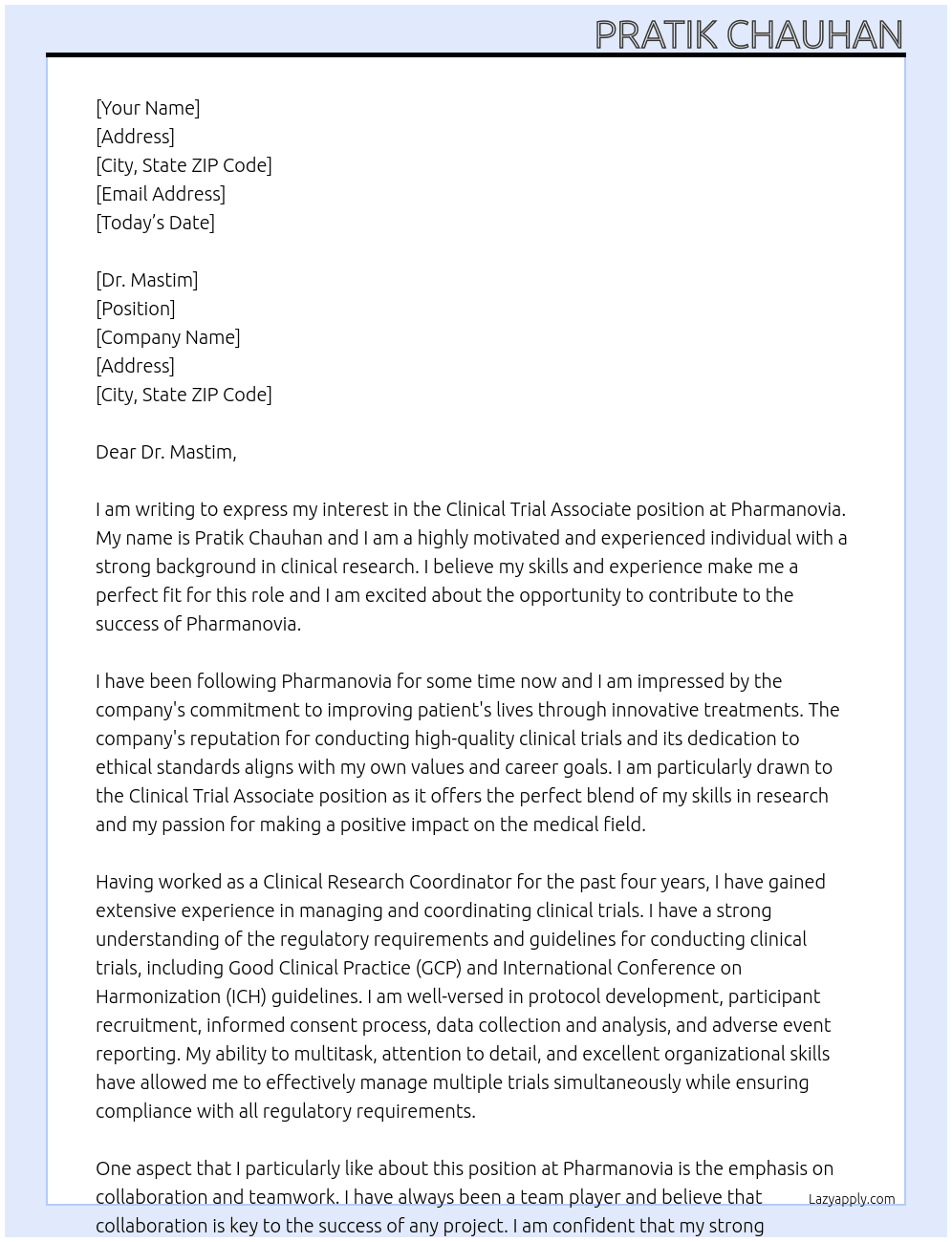 Clinical trial associate At Pharmanovia Cover Letter