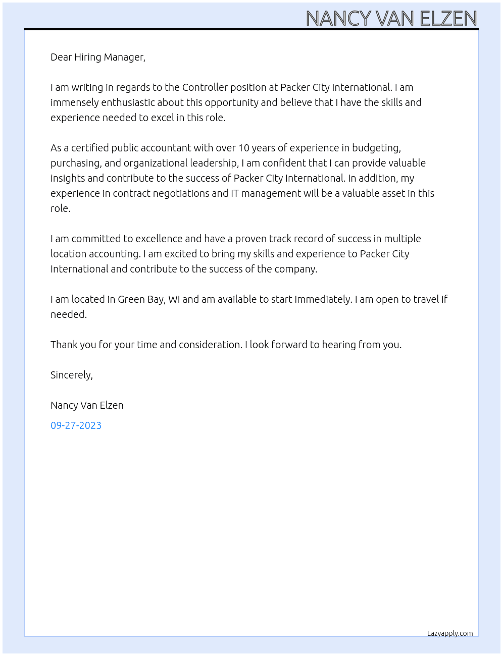Controller At Packer City International - Green Bay Cover Letter