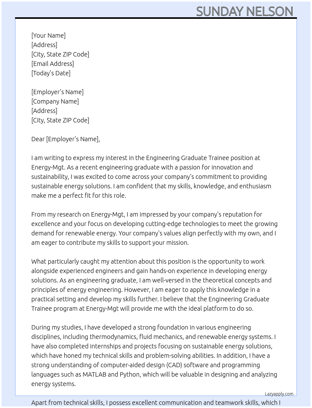 Engineering Graduate Trainee  At Energy -Mgt  Cover Letter