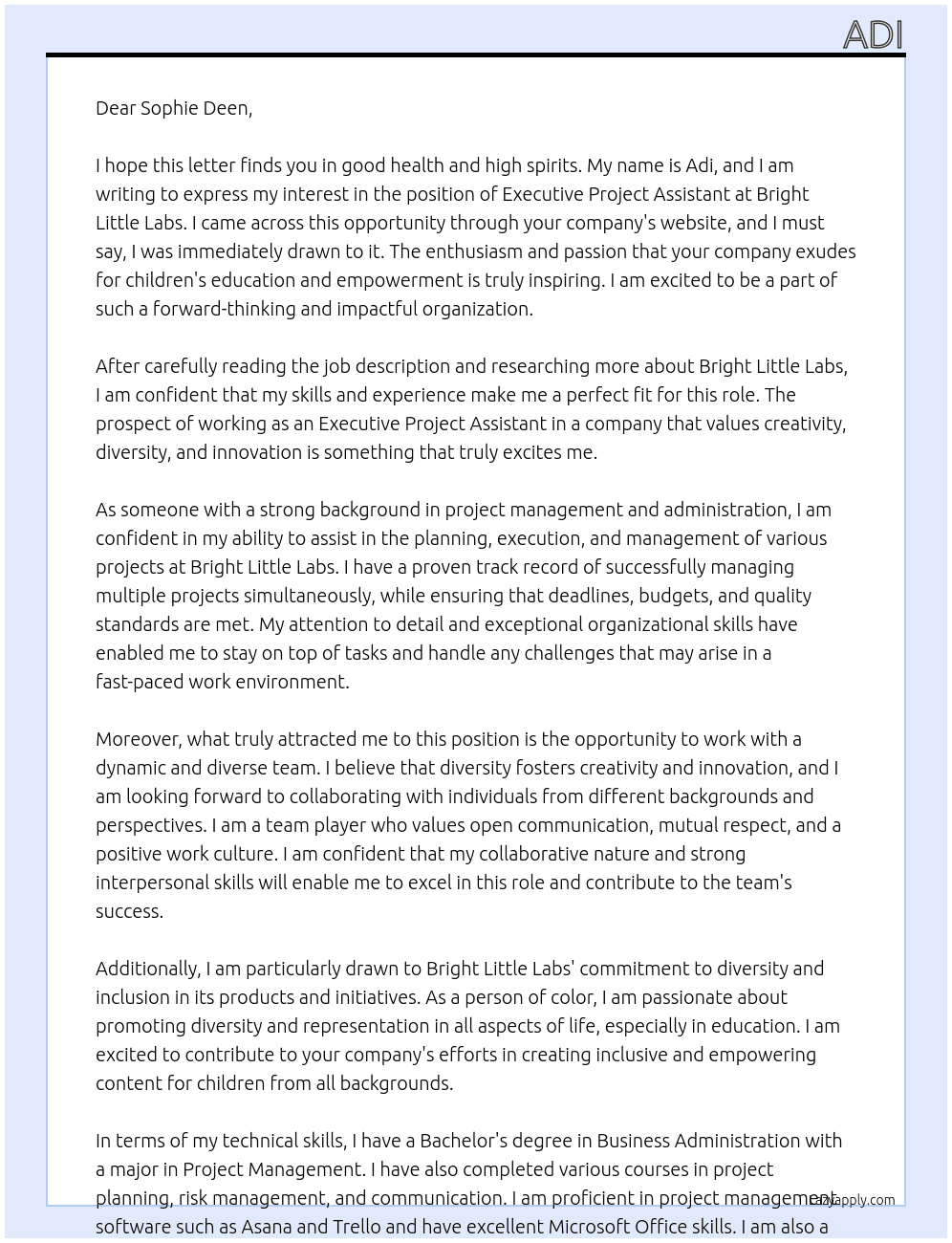 Executive Project Assistant At Bright Little Labs Cover Letter