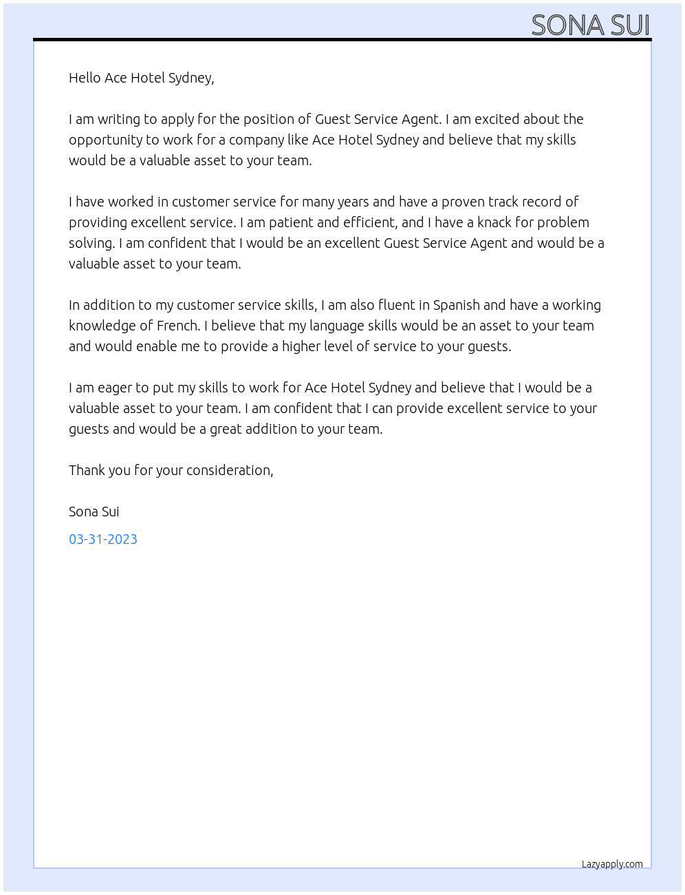Guest Service Agent At Ace Hotel Sydney Cover Letter