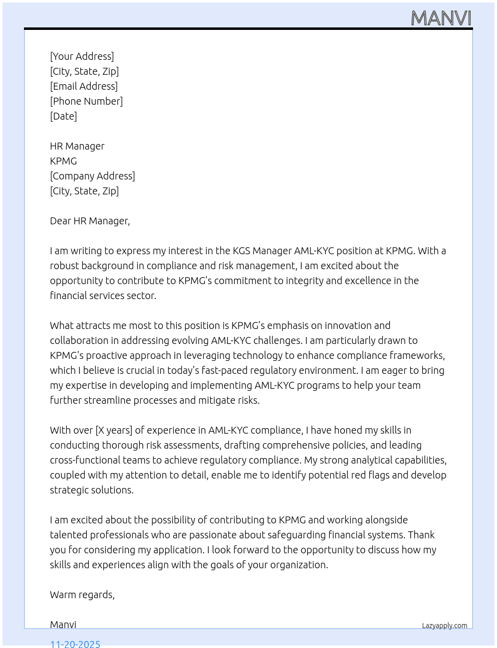 Cover letter for kgs manager aml-kyc - LazyApply