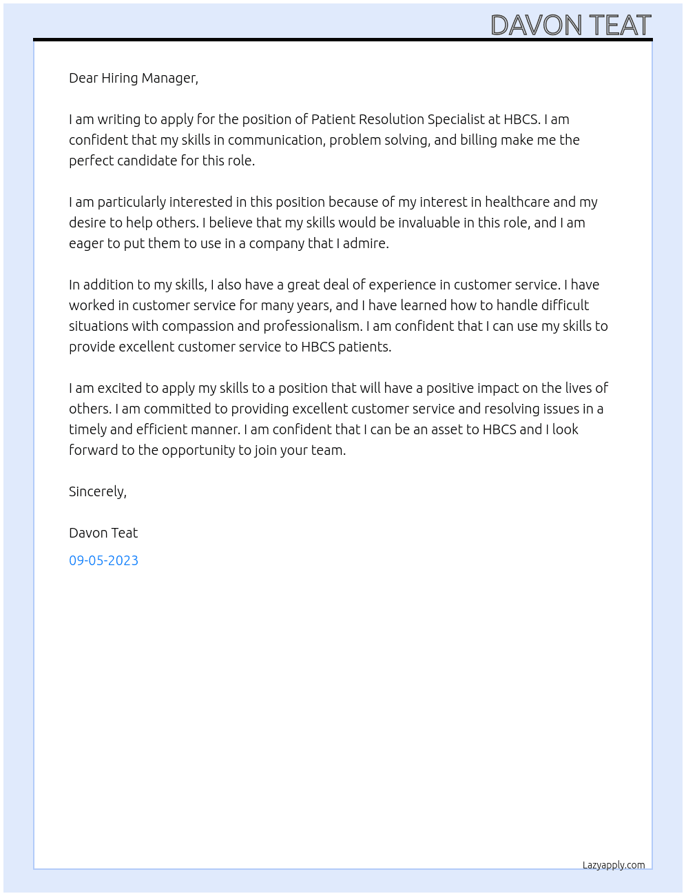 Patient Resolution Specialist At HBCS Cover Letter
