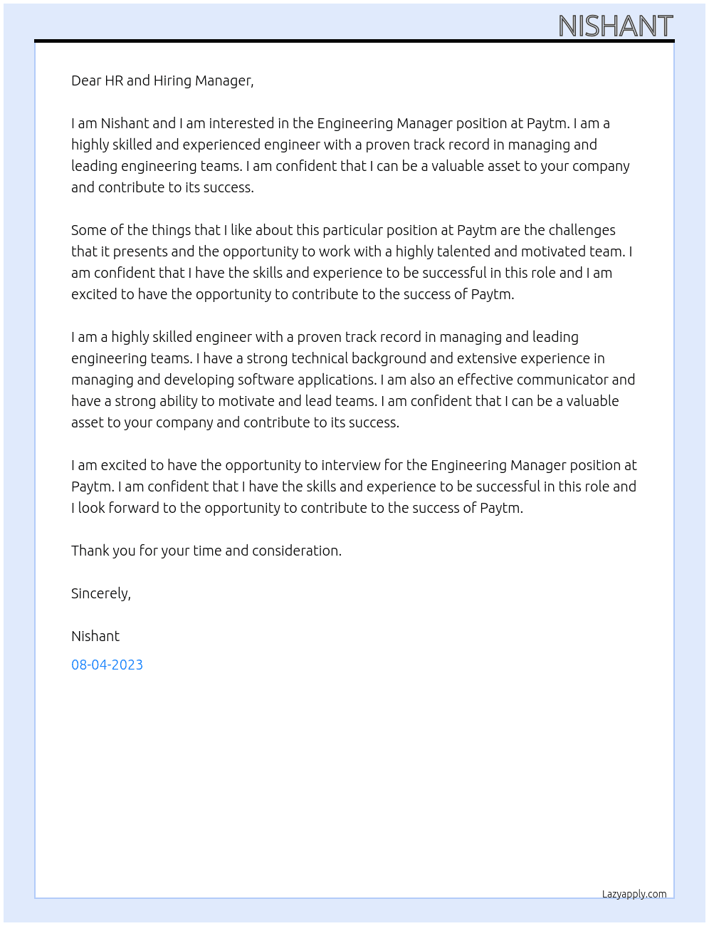 Engineering Manager At Paytm Cover Letter