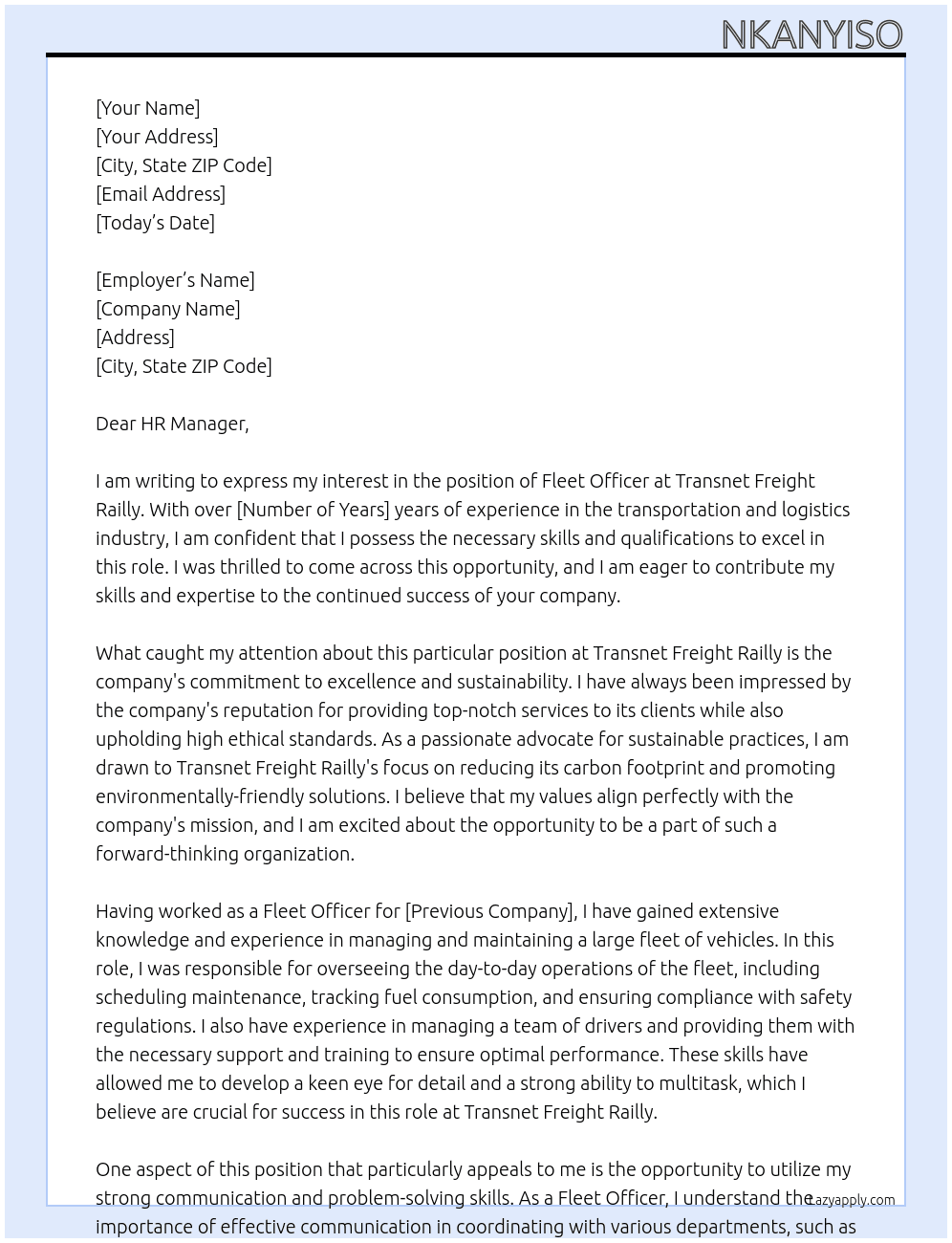 FLEET OFFICER At Transnet Freight Railly Cover Letter