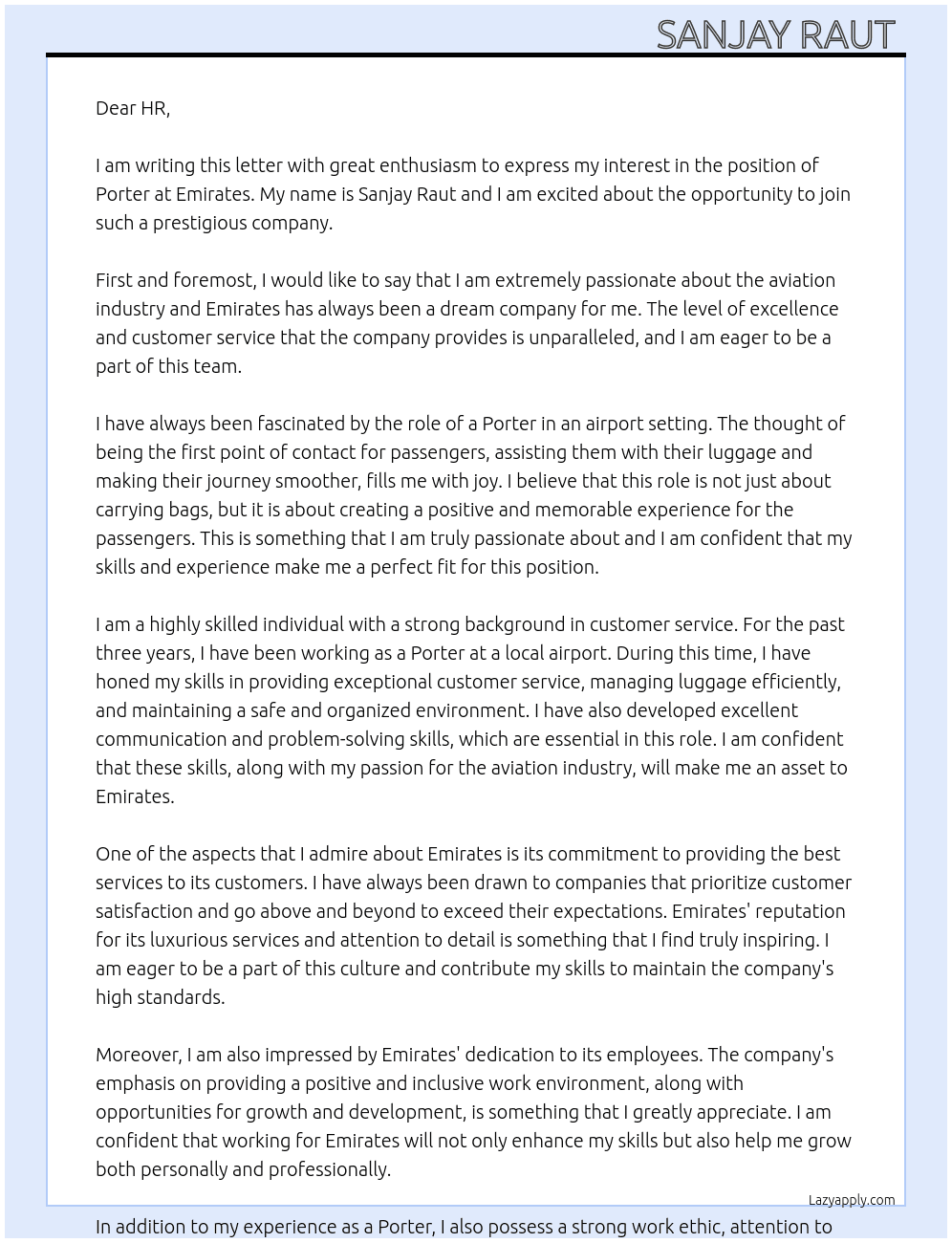 Porter  At Emirates  Cover Letter