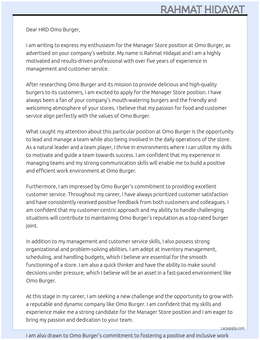 Manager Store  At Omo Burger  Cover Letter