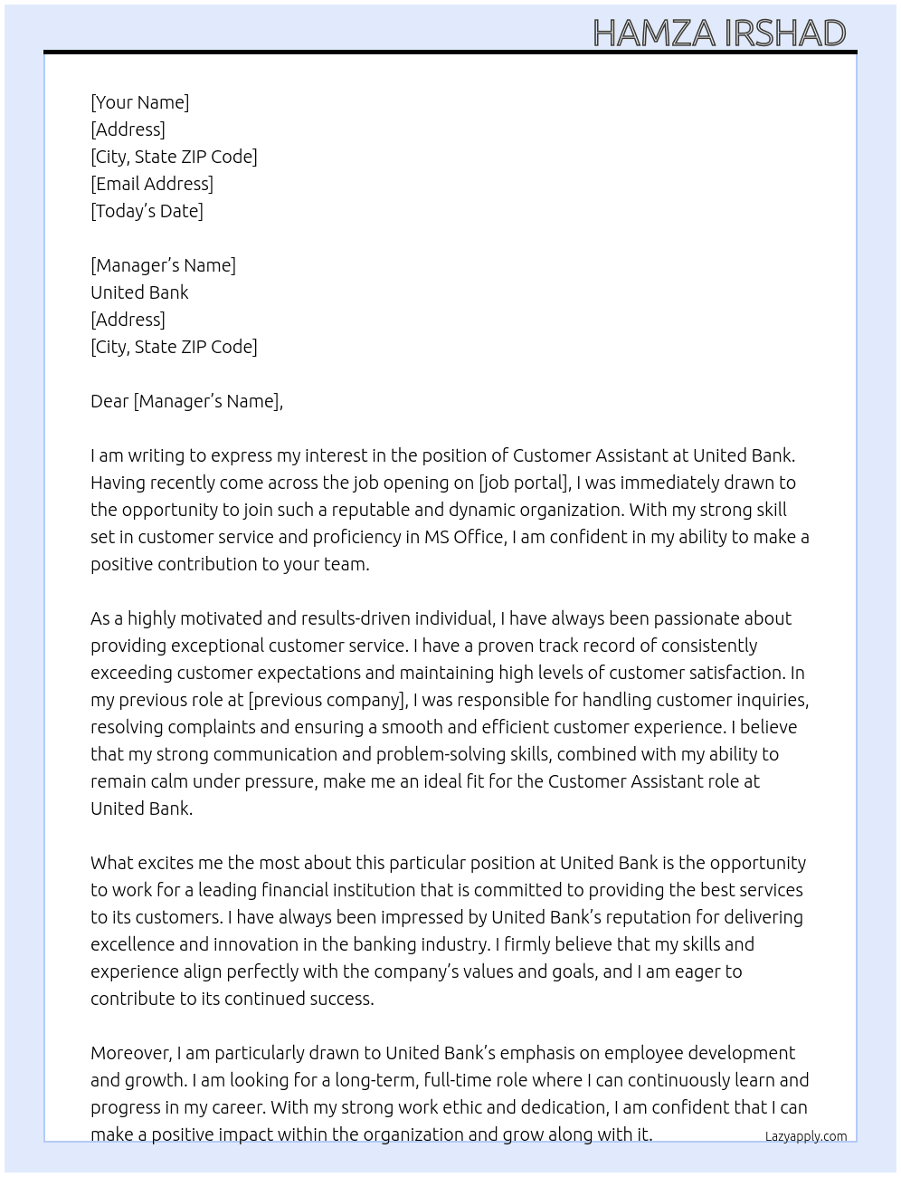 Customer assistant  At United Bank Cover Letter